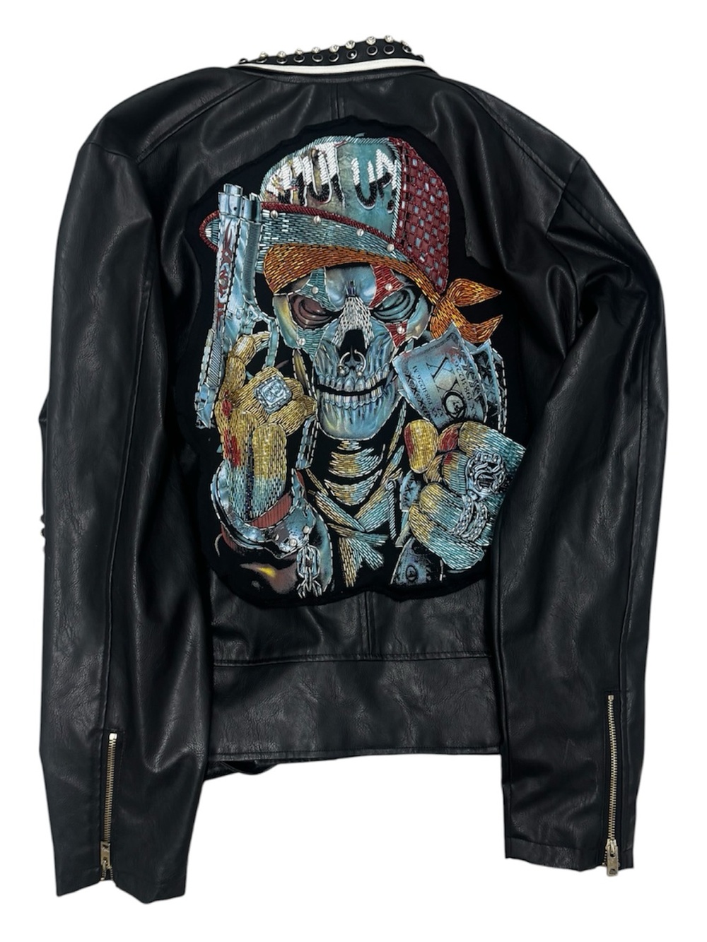 Majestic Black and white rhinestone Studded Leather Moto Jacket - Picture 5 of 6